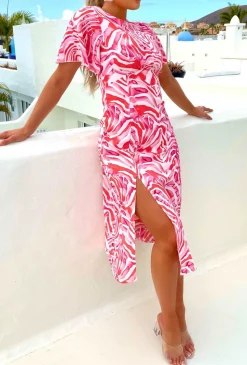 Adelaide Pink Short Sleeve Printed Midi Dress