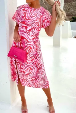 Adelaide Pink Short Sleeve Printed Midi Dress
