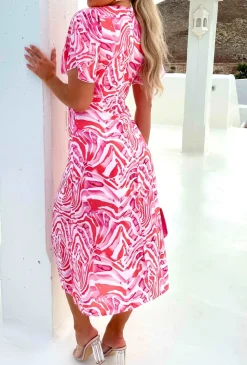 Adelaide Pink Short Sleeve Printed Midi Dress