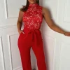 Alayna Red Lace Top Belted Waist Jumpsuit