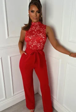 Alayna Red Lace Top Belted Waist Jumpsuit