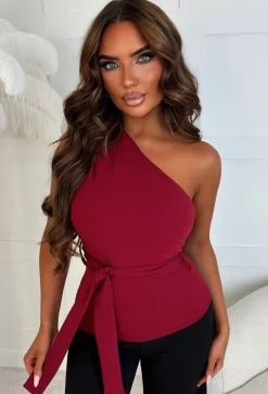 Alexandria Wine One Shoulder Tie Waist Top