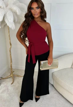 Alexandria Wine One Shoulder Tie Waist Top