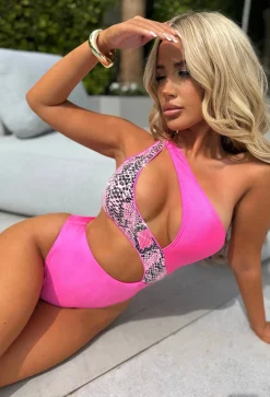 Algarve Hot Pink One Shoulder Snake Sequin Cut Out Swimsuit