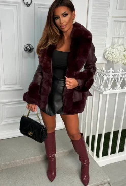Alina Burgundy Faux Fur & Faux Leather Belted Skater Coat