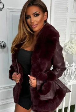 Alina Burgundy Faux Fur & Faux Leather Belted Skater Coat