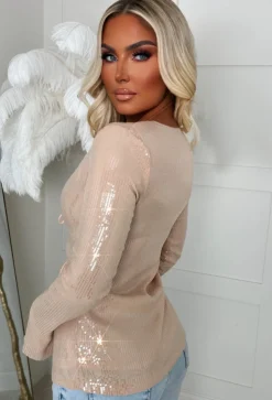 All Over Glitz Beige Sequin Double Tie Top