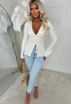 All Over Glitz Cream Sequin Double Tie Top