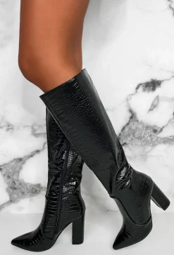 All You Want Black Croc Knee Boot With Block Heel