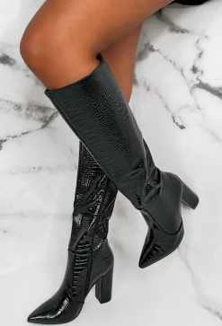 All You Want Black Croc Knee Boot With Block Heel