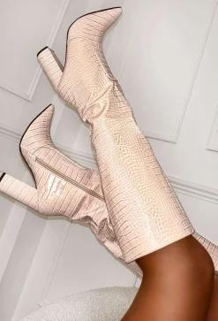 All You Want Cream Croc Effect Knee High Block Heel Boots