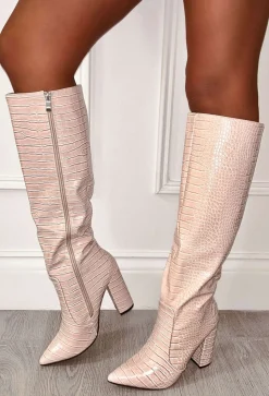 All You Want Cream Croc Effect Knee High Block Heel Boots
