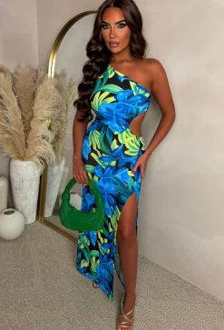 Aloha Affair Multi Leaf Print Side Cutout One Shoulder Dress