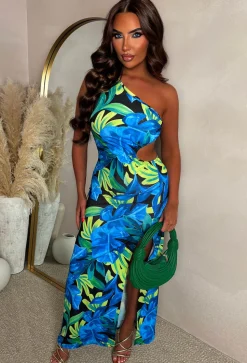 Aloha Affair Multi Leaf Print Side Cutout One Shoulder Dress