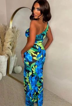 Aloha Affair Multi Leaf Print Side Cutout One Shoulder Dress
