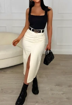 Always Chic Natural Midi Stretch Denim Skirt