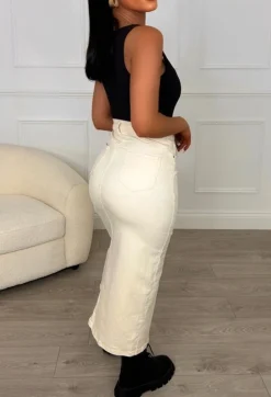 Always Chic Natural Midi Stretch Denim Skirt
