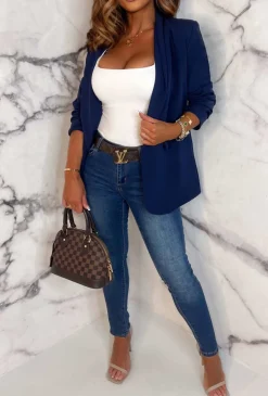 Always Iconic Navy Shawl Ruched Sleeve Blazer