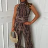 Amina Purple Foil Plisse Halter Neck Jumpsuit