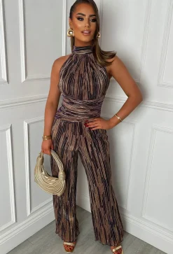 Amina Purple Foil Plisse Halter Neck Jumpsuit