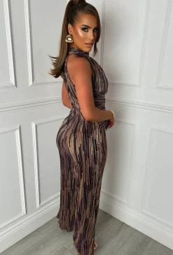 Amina Purple Foil Plisse Halter Neck Jumpsuit