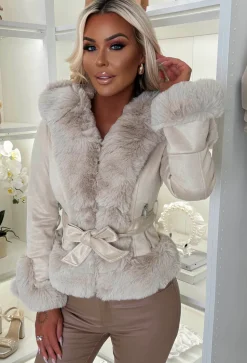 Anastasia Beige Faux Suede Hooded Skater Belted Coat