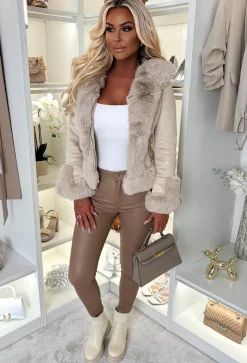 Anastasia Beige Faux Suede Hooded Skater Belted Coat