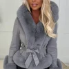 Anastasia Grey Faux Suede Hooded Skater Belted Coat