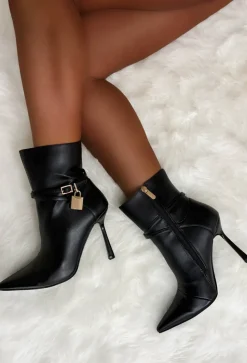 Ariana Black Faux Leather Lock Detail Stiletto Ankle Boots