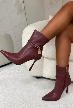 Ariana Wine Faux Leather Lock Detail Stiletto Ankle Boots