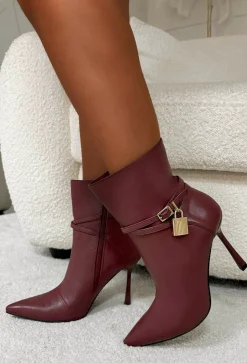 Ariana Wine Faux Leather Lock Detail Stiletto Ankle Boots