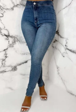 Authentic Chic Mid Blue Stretch Skinny Plain Front Jeans