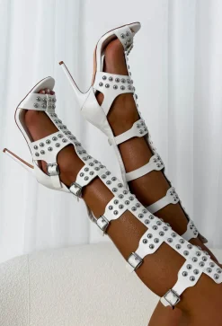 Bad Attitude White Studded Buckle Stiletto Heels