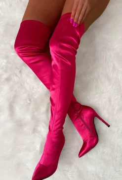 Baddie Behaviour Hot Pink Satin Thigh High Boots