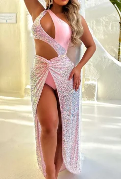 Bali Queen Baby Pink Knot Detail Sequin Maxi Skirt Cover Up