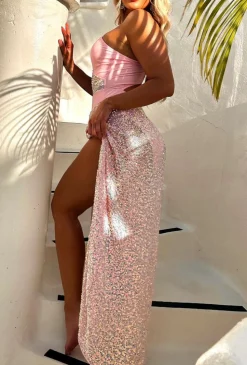 Bali Queen Baby Pink Knot Detail Sequin Maxi Skirt Cover Up