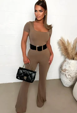 Bashful Babe Taupe Square Neck Flared Leg Jumpsuit