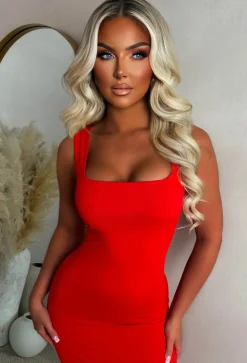 Basically Be Mine Red Square Neck Bodycon Dress