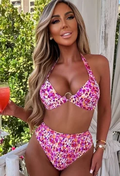 Beachy Allure Pink Printed Padded Cup Bikini With High Waist Brief