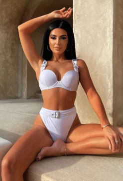 Beachy Gems White Push Up Cup Diamante Buckle Bikini