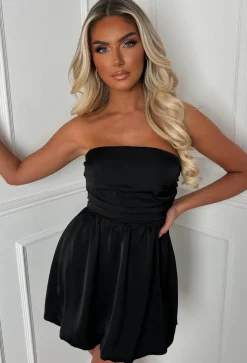 Belle Of The Ball Black Satin Bandeau Puffball Dress