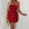 Belle Of The Ball Red Satin Bandeau Puffball Dress
