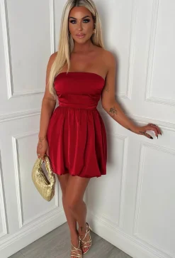Belle Of The Ball Red Satin Bandeau Puffball Dress