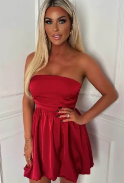 Belle Of The Ball Red Satin Bandeau Puffball Dress