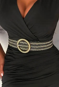 Belted Glam Black Gold Detail Stretch Raffia Belt