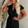 Best Believe It Black Wrap Front Frill Sleeve Mini Dress