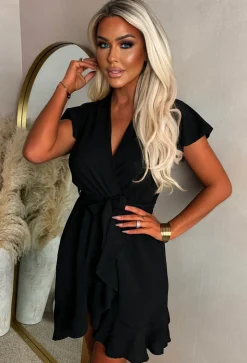 Best Believe It Black Wrap Front Frill Sleeve Mini Dress