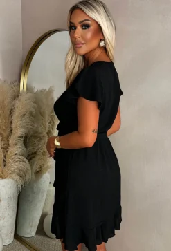 Best Believe It Black Wrap Front Frill Sleeve Mini Dress