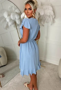 Best Believe It Blue Wrap Front Frill Sleeve Mini Dress