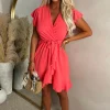 Best Believe It Coral Wrap Front Frill Sleeve Mini Dress